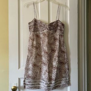 Loft Brown & White Pattern Spaghetti Strap Babydoll Dress w/ Lace Trimming, NWT